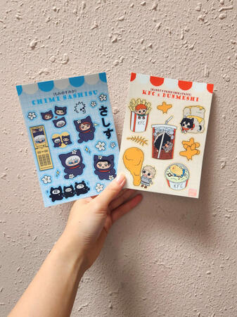 sticker sheet of sashisu (gojo satoru, ieiri shoko, and suguru geto) from jjk as chimikemo mascots