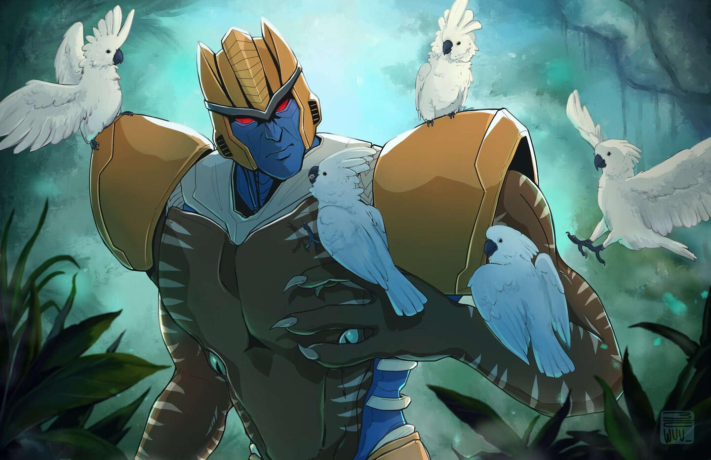 dinobot from beastwars with white cockatoos flocking to him in the forest, he is looking down at one that reaches its foot up at him