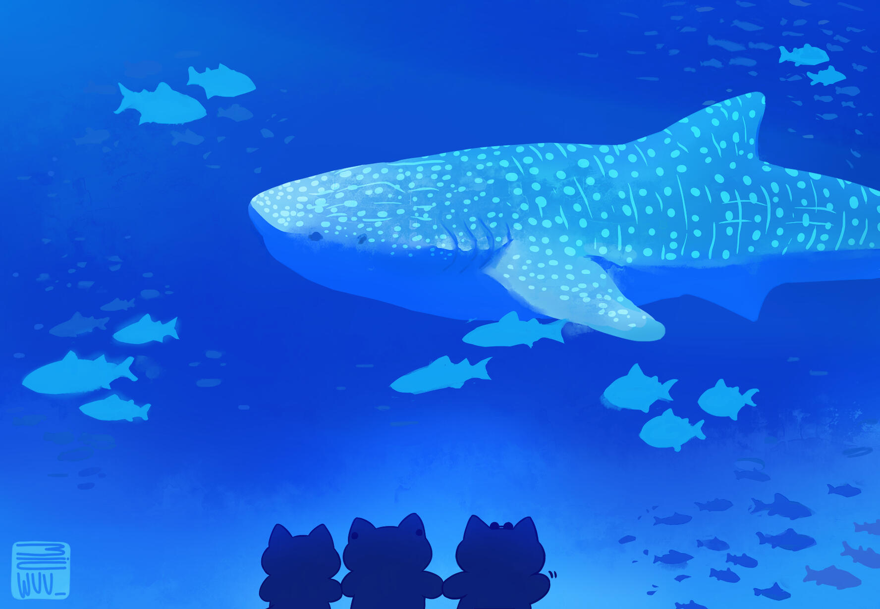 chimikemo versions of sashisu from jjjk at the aquarium looking at a blue whale shark